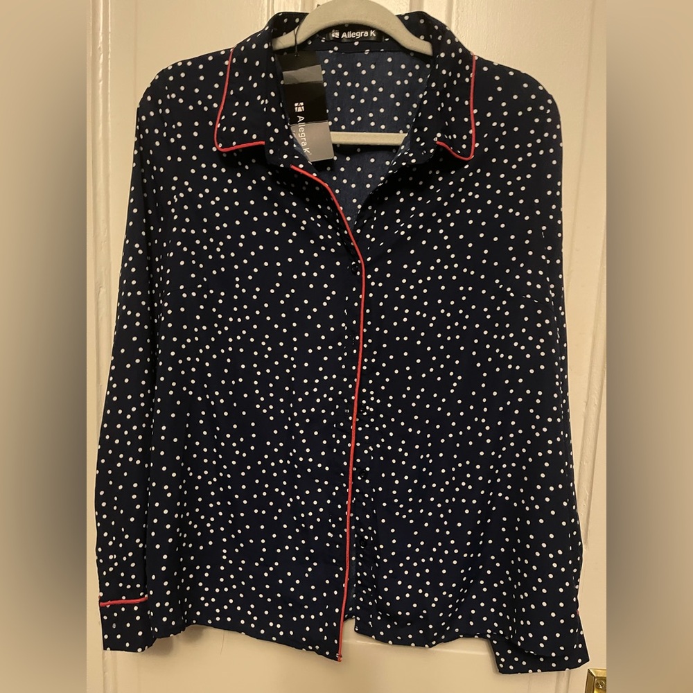 NWT Allegra Navy Blouse with White Polka Dots